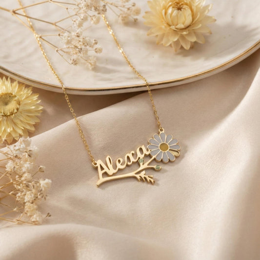 Daisy Name Necklace, Custom Flower Pendant, Personalized Gift for Mom, Spring Jewelry, Floral Nameplate, Gift for Her, Birthday Gift, Dainty