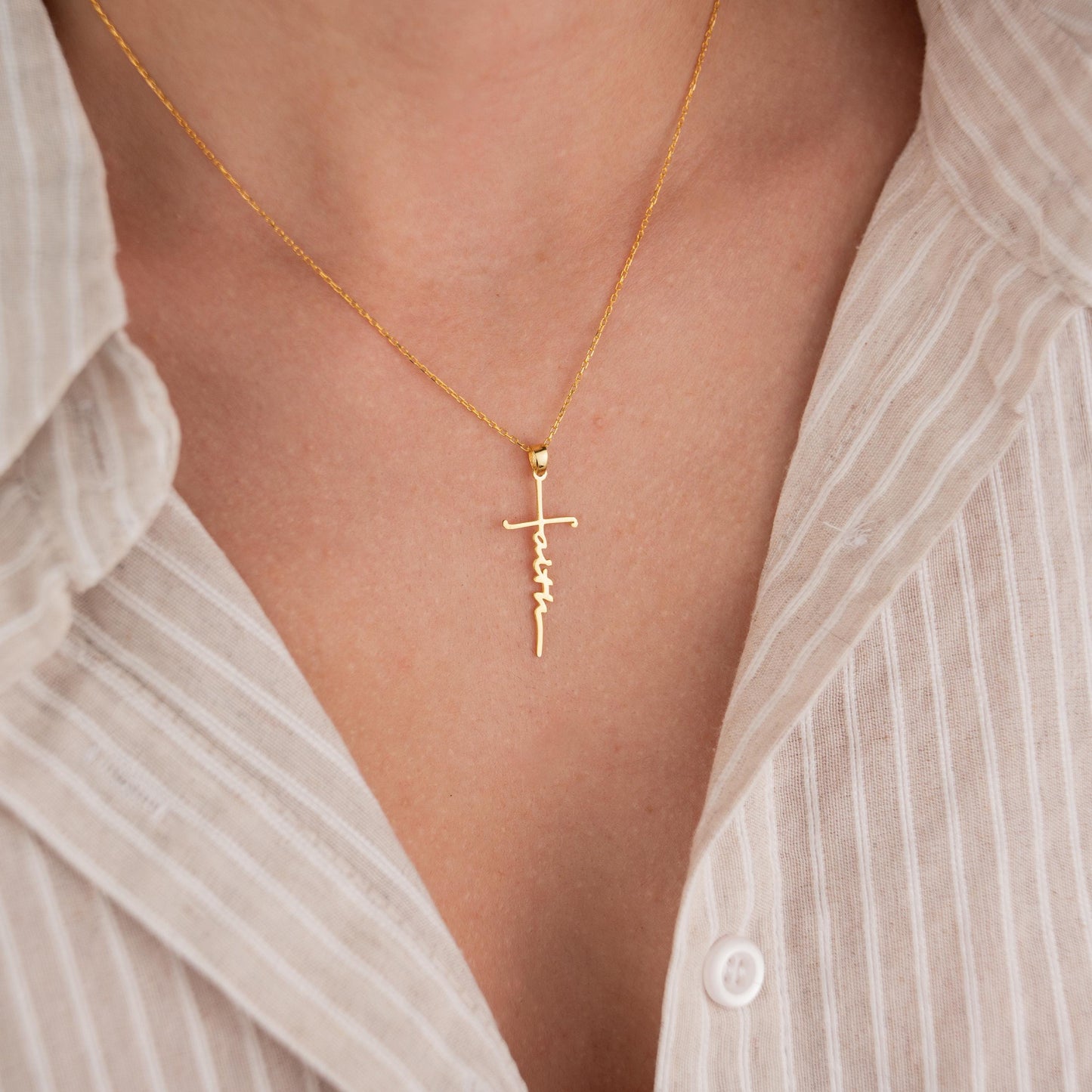 14k Gold Plated Necklace with 'Faith' Pendant, Inspirational Jewelry, Religious Gift, Motivational Gold Chain Necklace