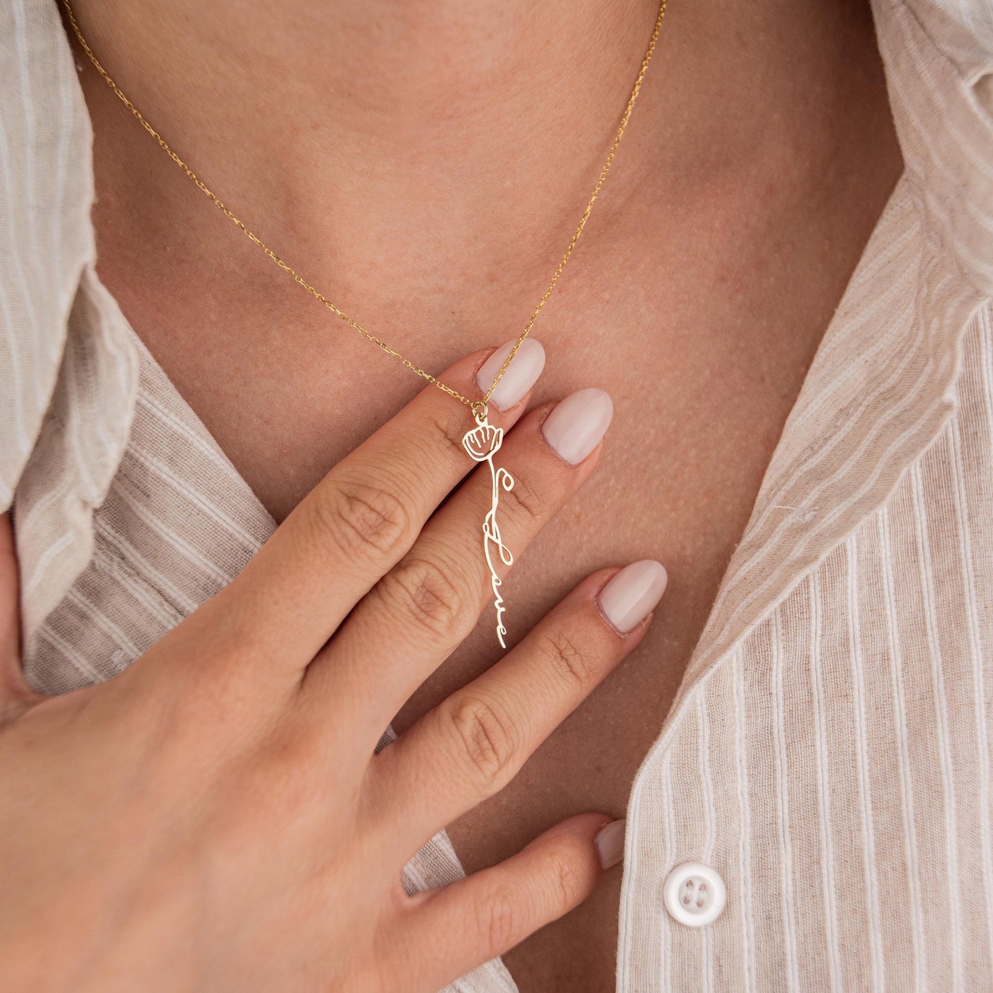 14k Gold Plated Necklace with Birth Flower Pendant and 'Love' Engraving, Personalized Jewelry, Romantic Gift, Floral Inspired Necklace
