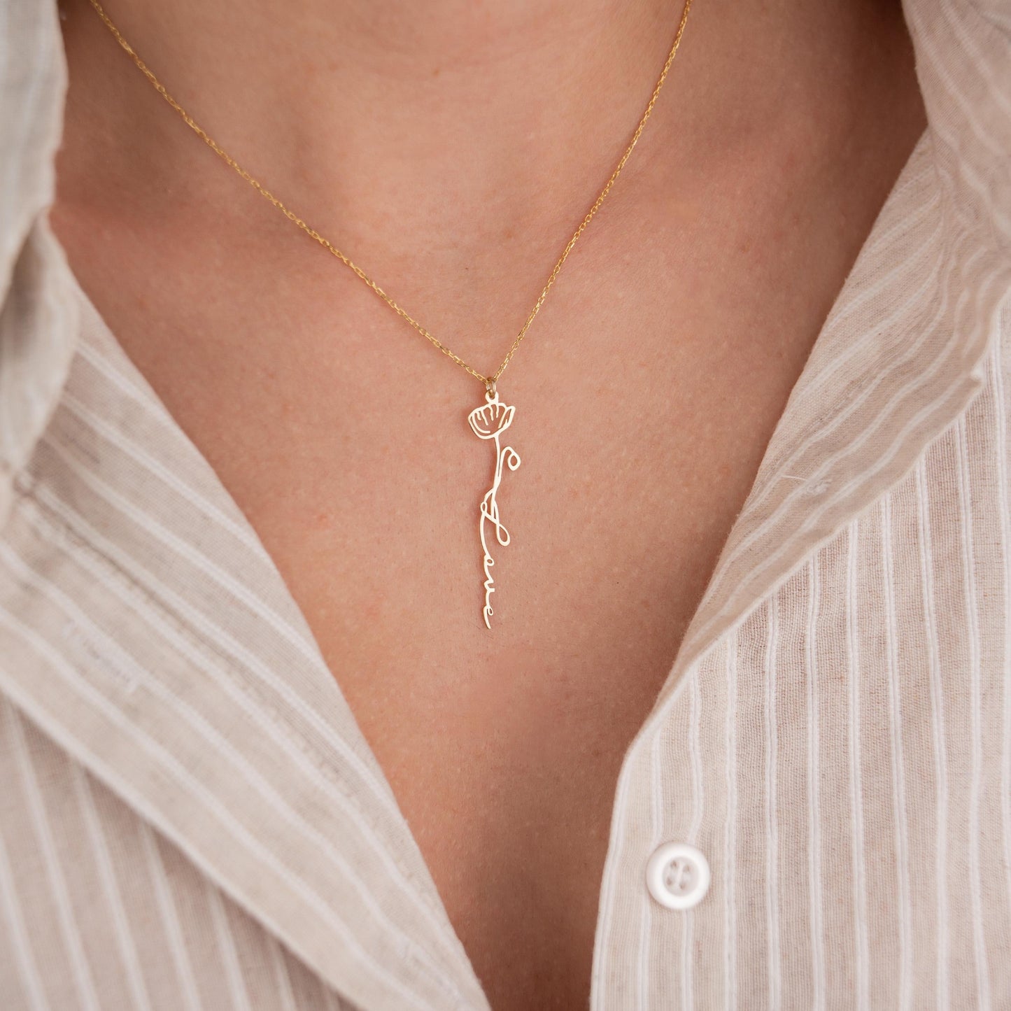 14k Gold Plated Necklace with Birth Flower Pendant and 'Love' Engraving, Personalized Jewelry, Romantic Gift, Floral Inspired Necklace