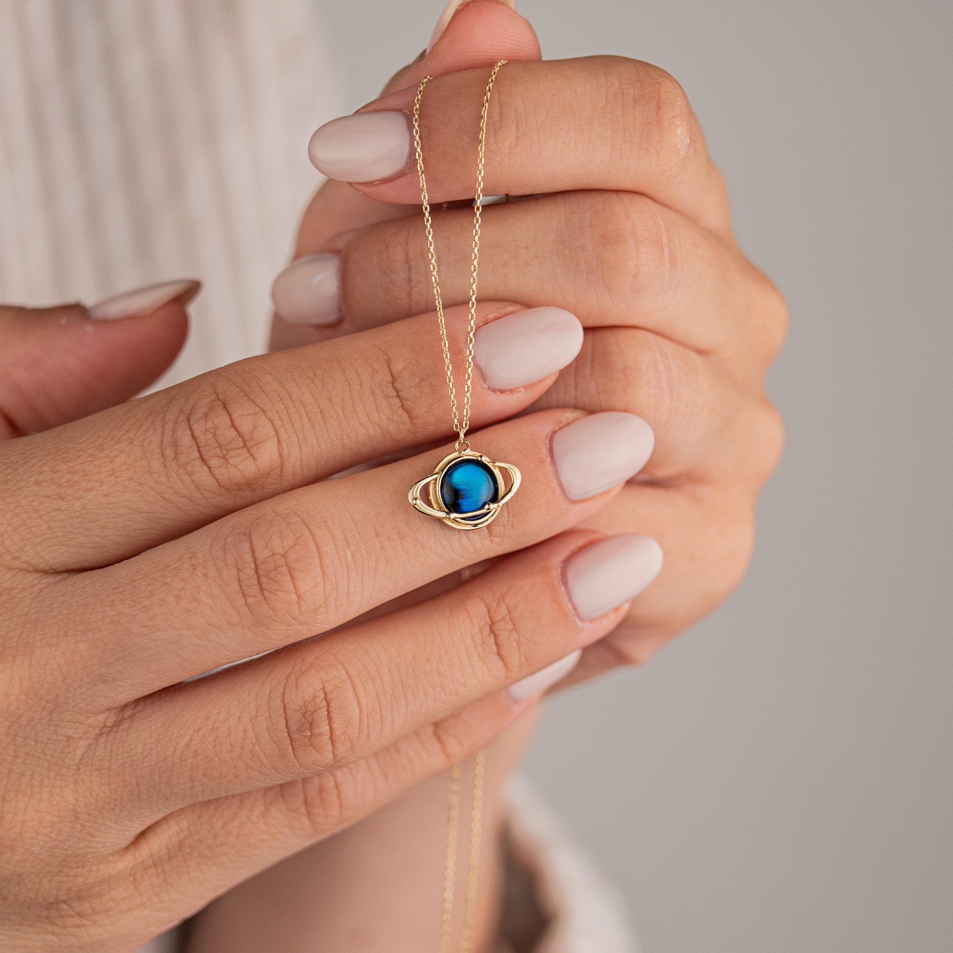 14k Solid Gold Necklace with Blue Planet Pendant, Earth Inspired Jewelry, Minimalist Gold Chain, Cosmic Gift for Her