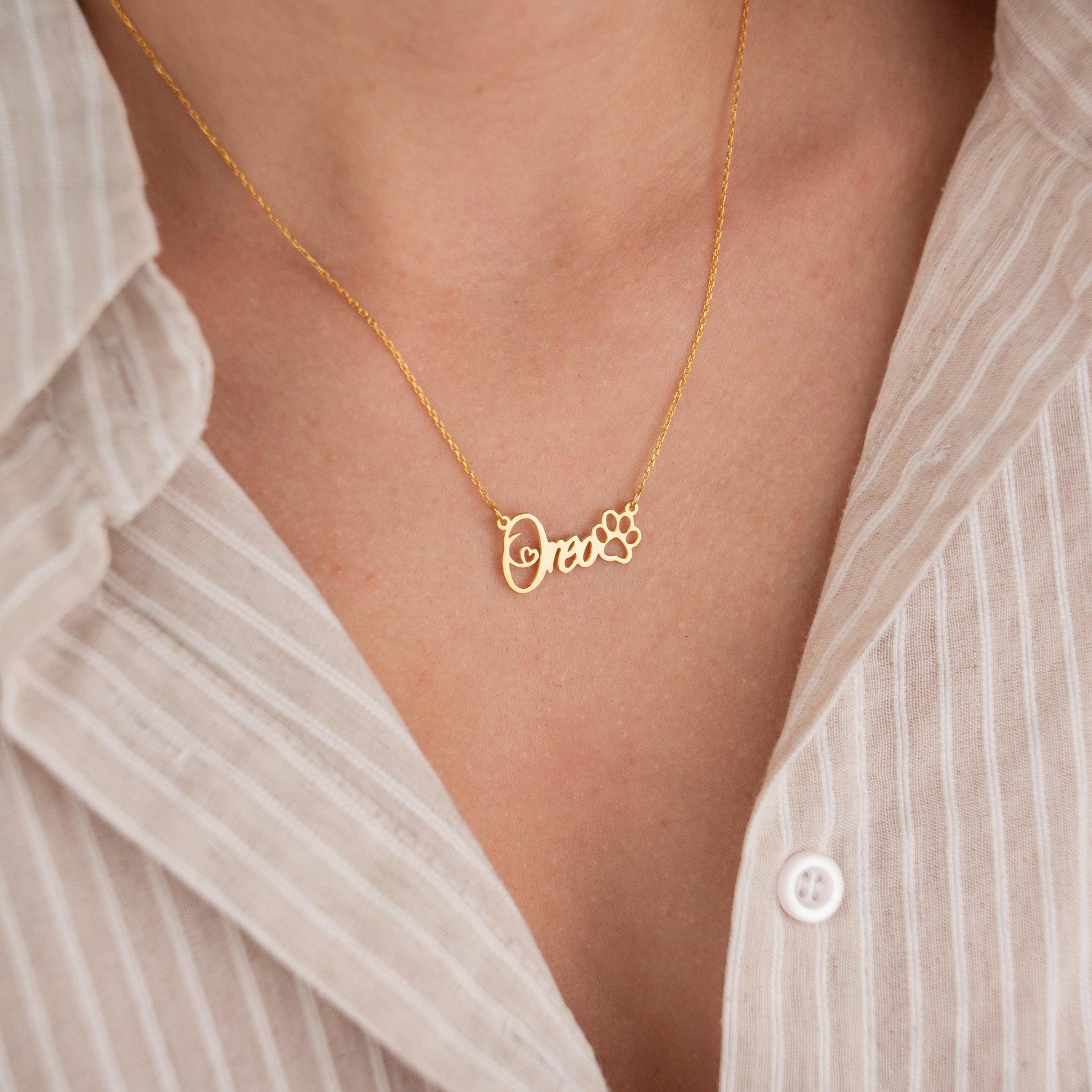 14k Gold Plated Necklace with Custom Name and Paw Pendant, Personalized Pet Jewelry, Pet Lover Gift, Dog or Cat Paw Necklace