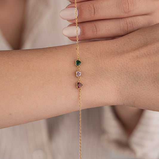 14k Gold Plated Bracelet with 3 Birthstone Gems, Personalized Jewelry, Minimalist Gold Chain, Custom Birthstone Bracelet, Gift for Her