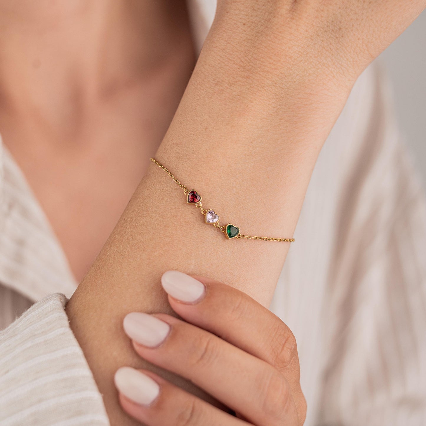 14k Gold Plated Bracelet with 3 Birthstone Gems, Personalized Jewelry, Minimalist Gold Chain, Custom Birthstone Bracelet, Gift for Her