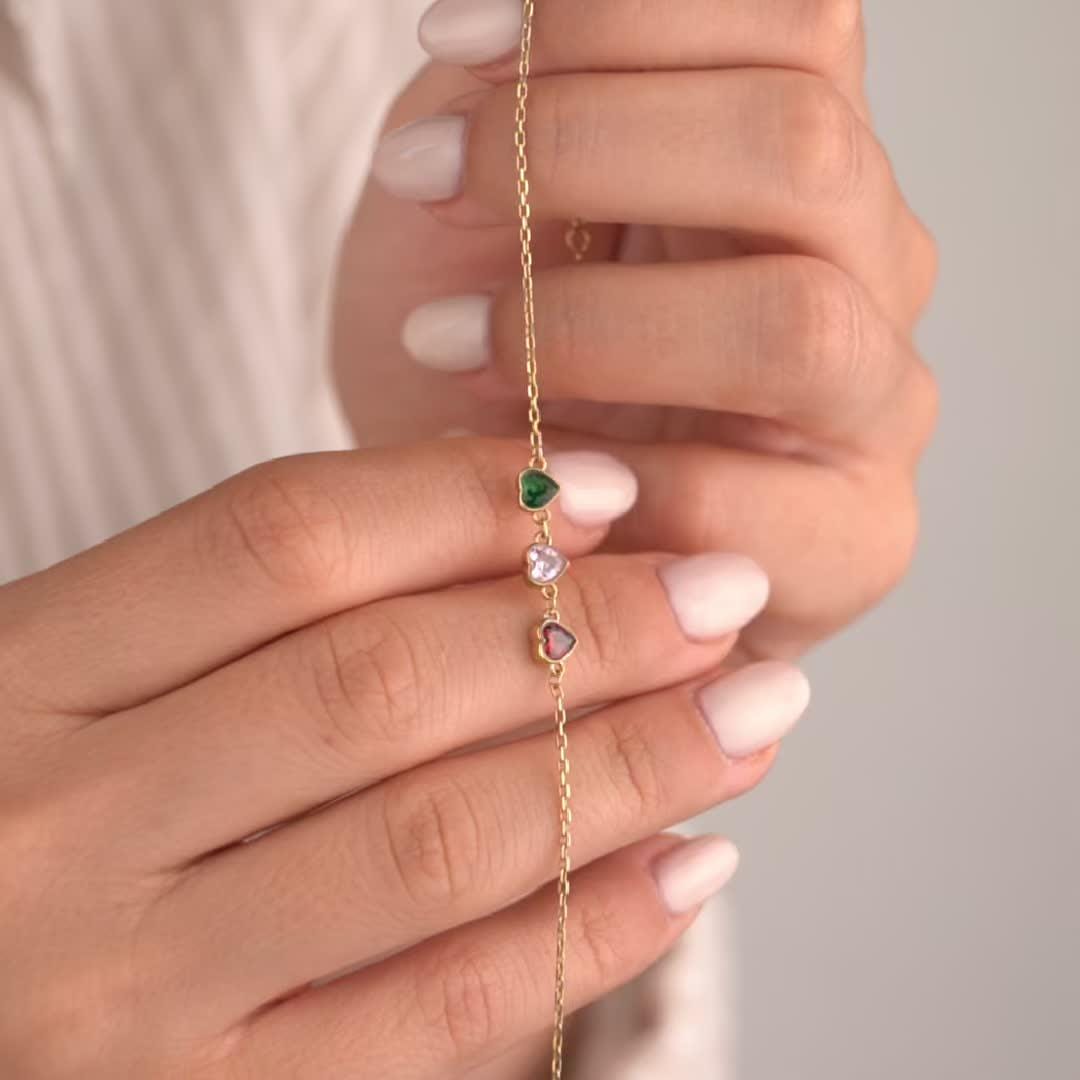 14k Gold Plated Bracelet with 3 Birthstone Gems, Personalized Jewelry, Minimalist Gold Chain, Custom Birthstone Bracelet, Gift for Her
