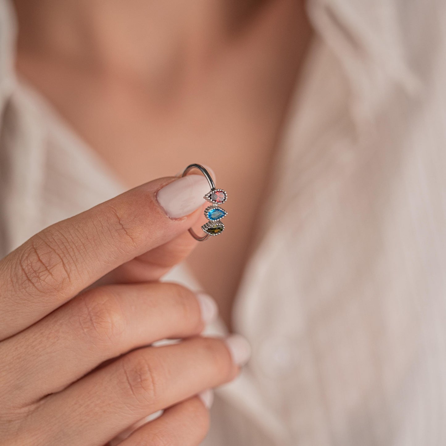 14k Gold Plated Ring with 3 Birthstone Gems, Personalized Gemstone Jewelry, Adjustable Gold Ring, Custom Birthstone Ring, Gift for Her