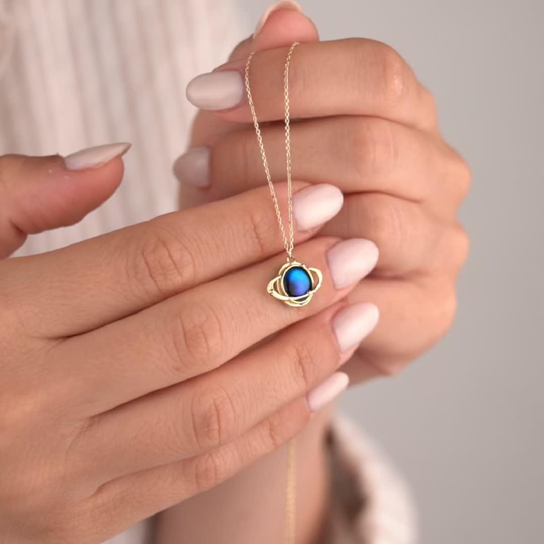 14k Solid Gold Necklace with Blue Planet Pendant, Earth Inspired Jewelry, Minimalist Gold Chain, Cosmic Gift for Her