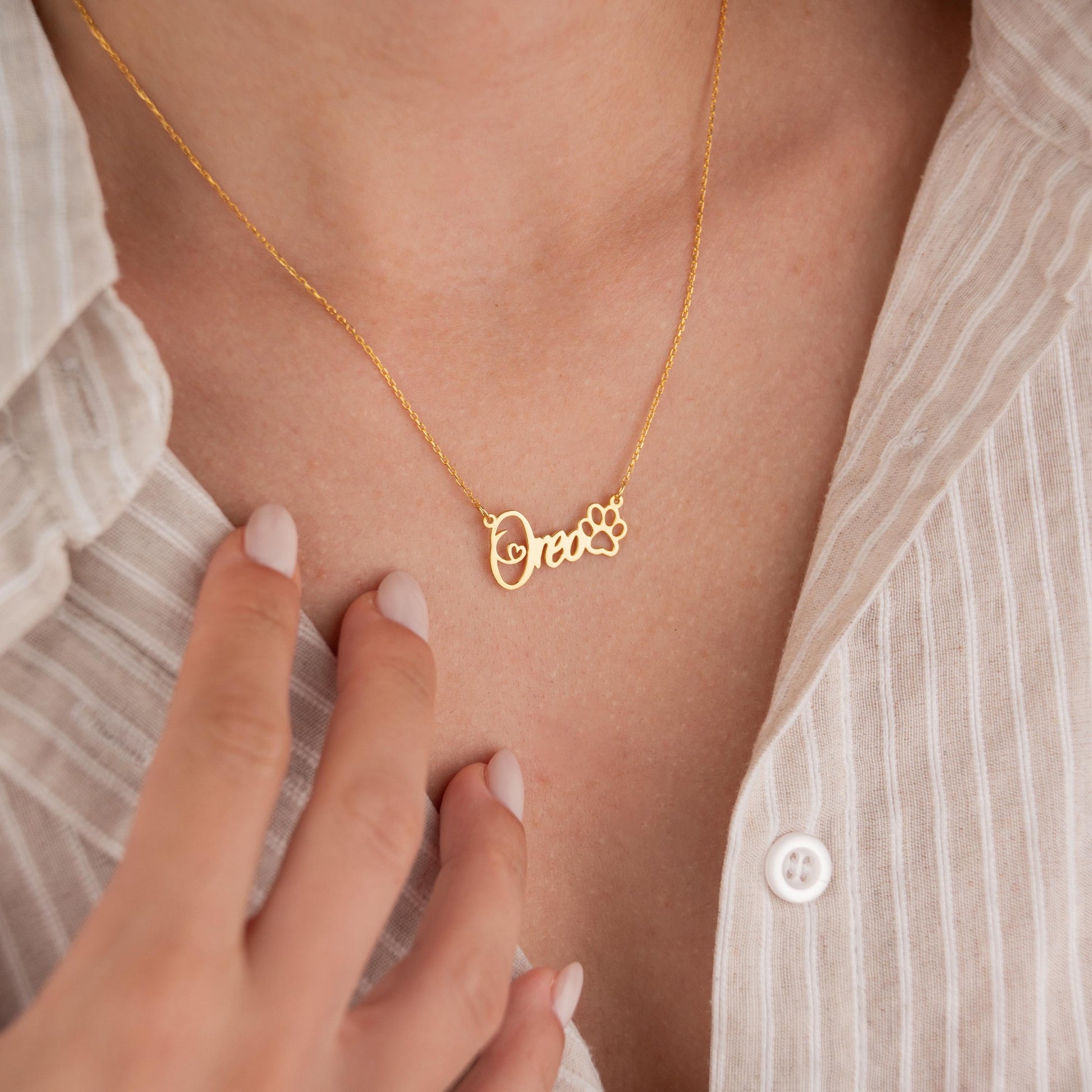 14k Gold Plated Necklace with Custom Name and Paw Pendant, Personalized Pet Jewelry, Pet Lover Gift, Dog or Cat Paw Necklace