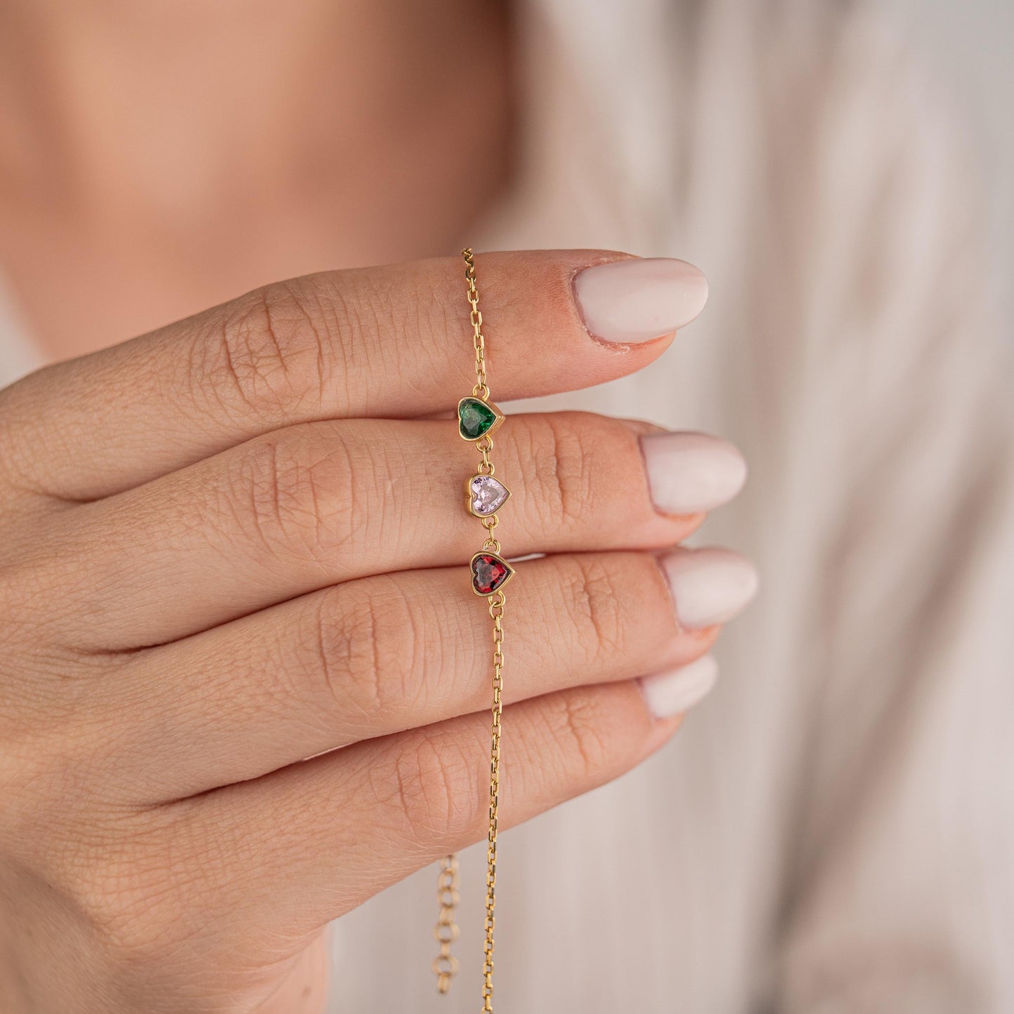 14k Gold Plated Bracelet with 3 Birthstone Gems, Personalized Jewelry, Minimalist Gold Chain, Custom Birthstone Bracelet, Gift for Her