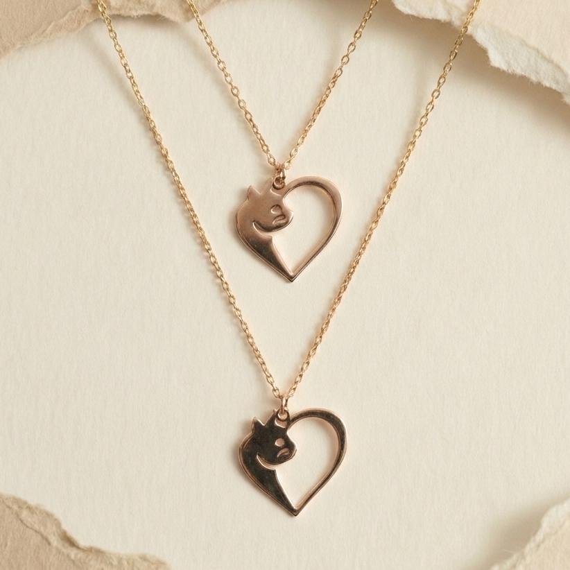 Gold Cat Necklace, Cat Heart Pendant, Cat Lover Gift, Pet Memorial Jewelry, Minimalist Animal Necklace, 14K Gold Plated, Dainty Gift for Her