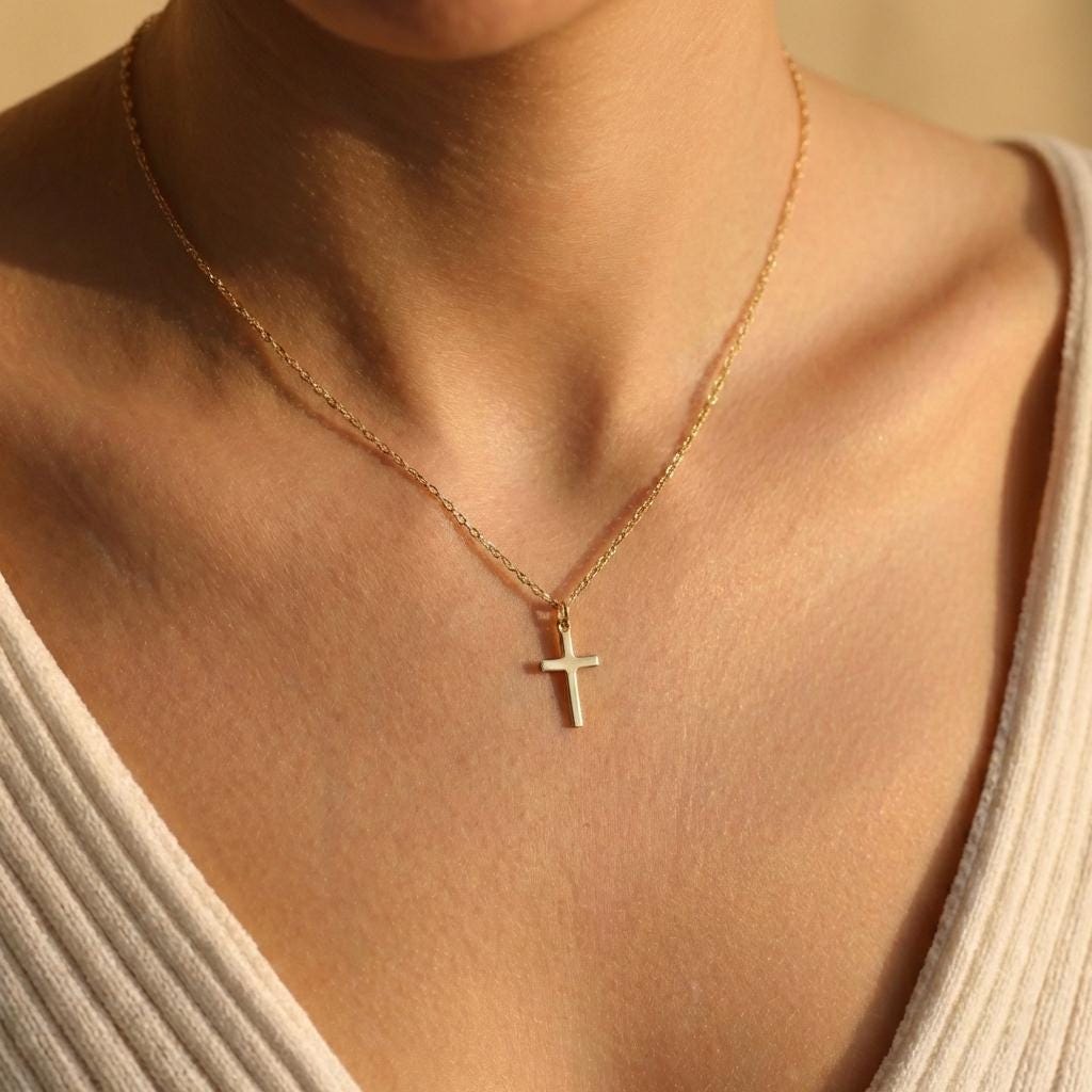 Gold Cross Necklace, Minimalist Cross Pendant, Dainty Religious Jewelry, Valentines Day Gift for Her, 14K Gold Plated, Mothers Day Gift