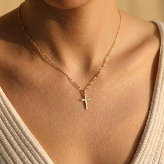 Gold Cross Necklace, Minimalist Cross Pendant, Dainty Religious Jewelry, Valentines Day Gift for Her, 14K Gold Plated, Mothers Day Gift