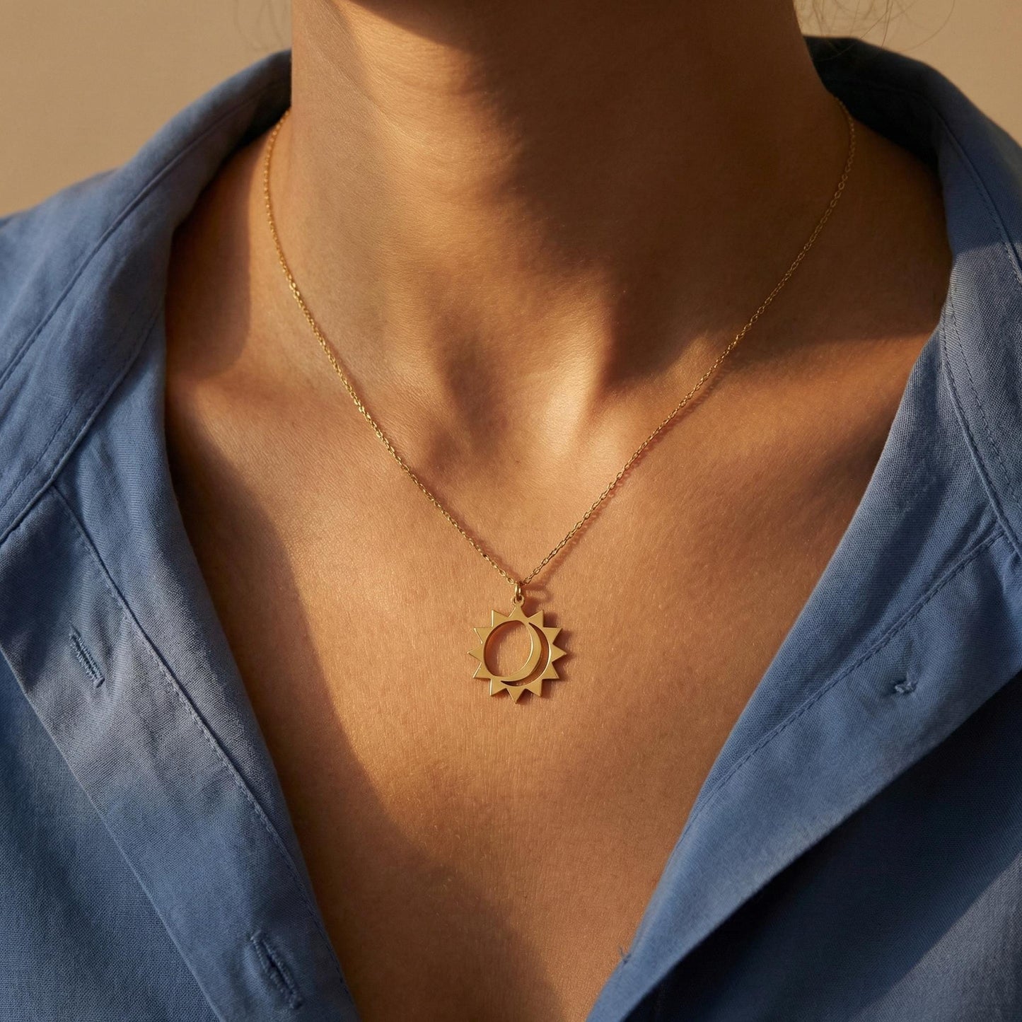 Sun Moon Necklace, Celestial Jewelry, 14K Gold Plated, Boho Sun Pendant, Moon Phase Charm, Valentine Gift for Her, Mothers Day