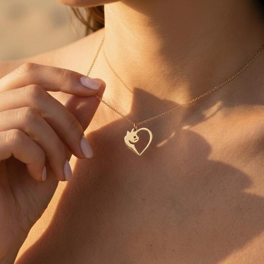 Gold Cat Necklace, Cat Heart Pendant, Cat Lover Gift, Pet Memorial Jewelry, Minimalist Animal Necklace, 14K Gold Plated, Dainty Gift for Her