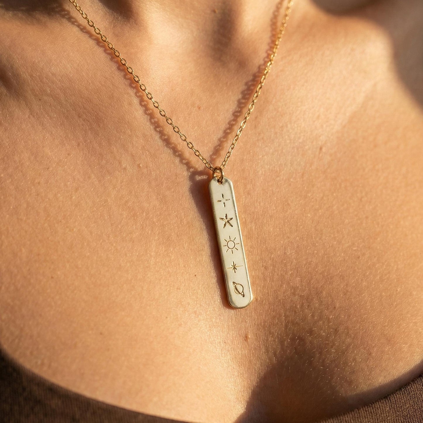 Galaxy Name Necklace, Hidden Message Gift, Custom Celestial Jewelry, Space Symbol Bar Pendant, 14K Gold Plated Personalized, Star Letter