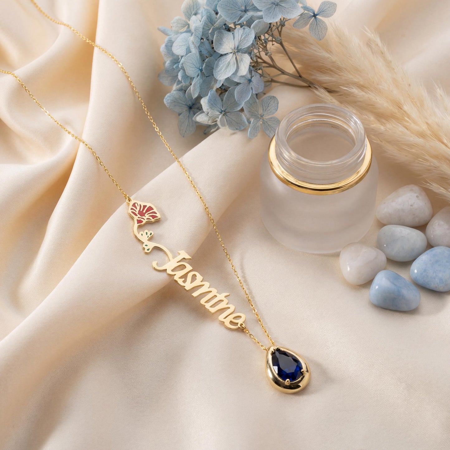 Birth Flower Name Necklace, Personalized Birthstone Jewelry, Custom Floral Nameplate, Mothers Day Gift for Mom, 14k Gold Rose Pendant