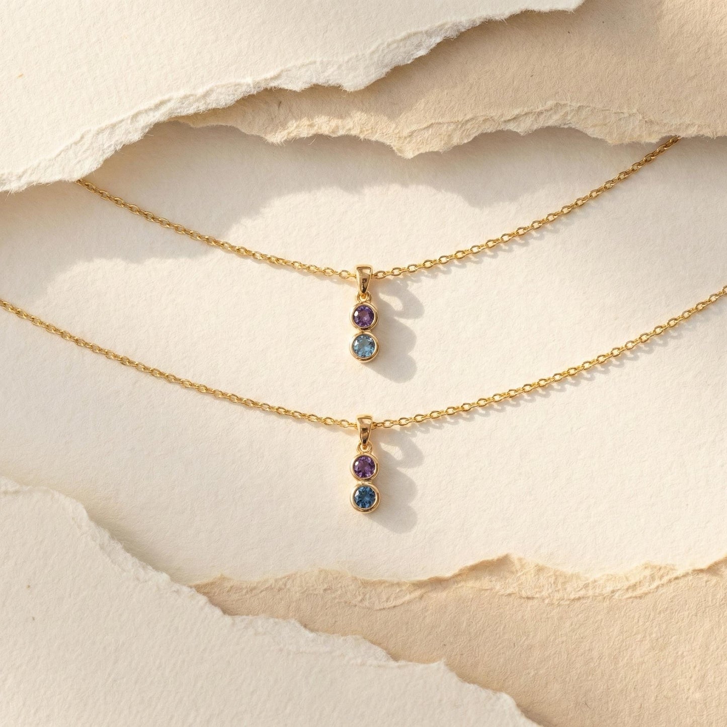 2 Birthstone Necklace, Family Birthstone, Custom Mom Gift, Dual Stone Pendant, Personalized Jewelry for Her, Gold Plated Mother Necklace