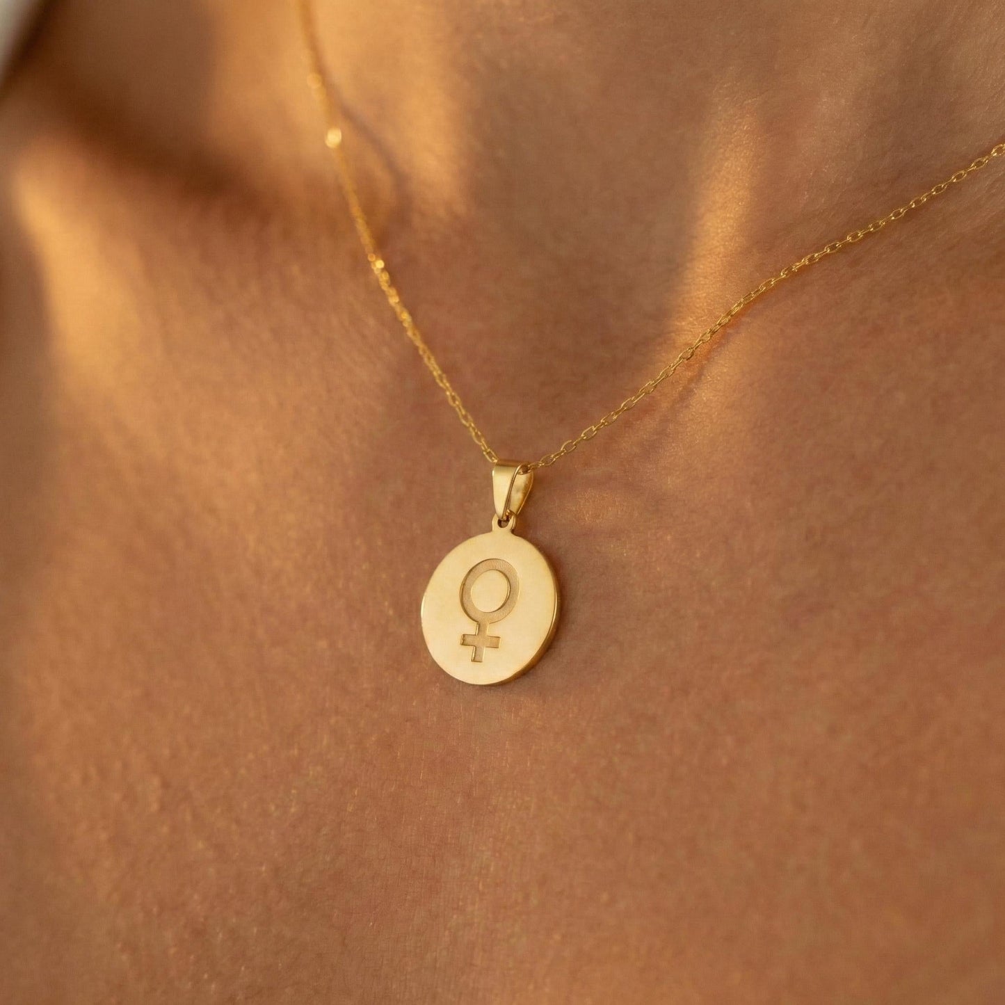 Female Symbol Necklace, Gold Venus Pendant, Feminist Jewelry, Dainty Coin Charm, Women Empowerment Gift, Mothers Day Gift for Her