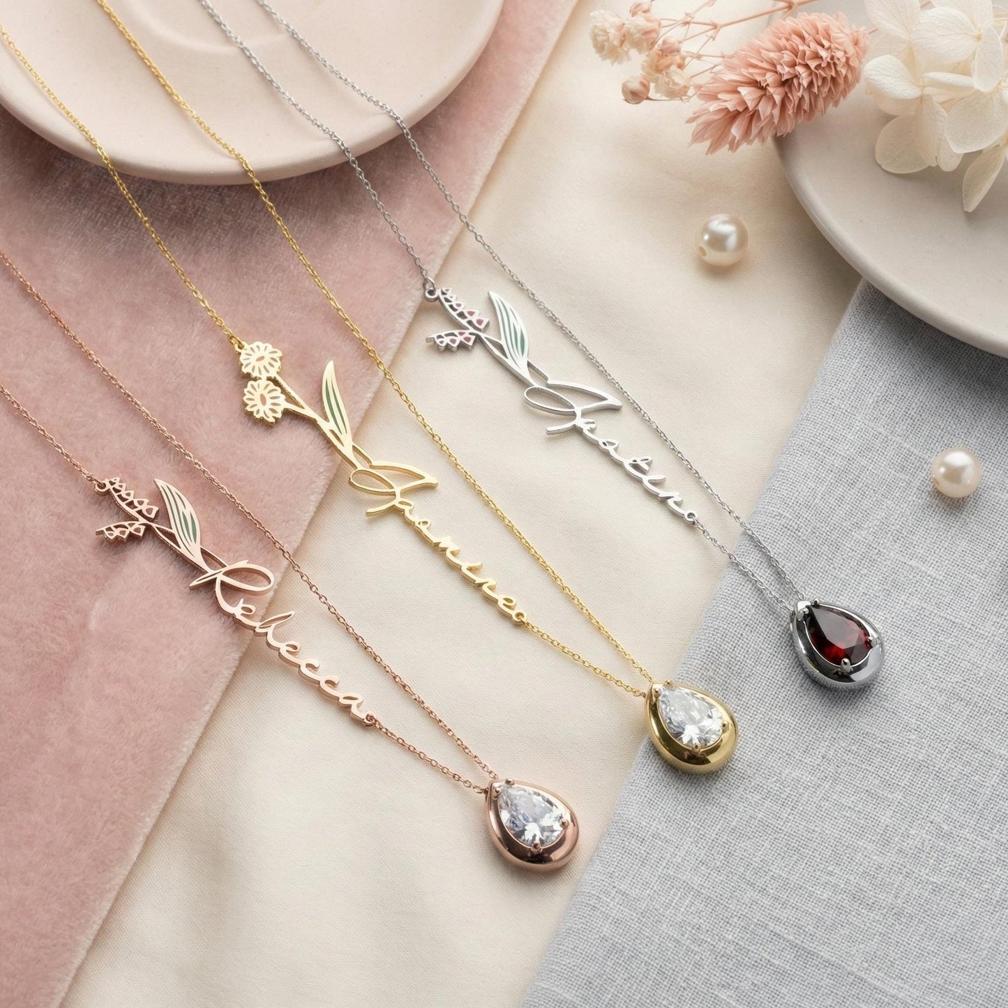 Birth Flower Name Necklace, Custom Birthstone Jewelry, Personalized Mom Gift, Dainty Floral Pendant, Bridesmaid Proposal, Gift For Her