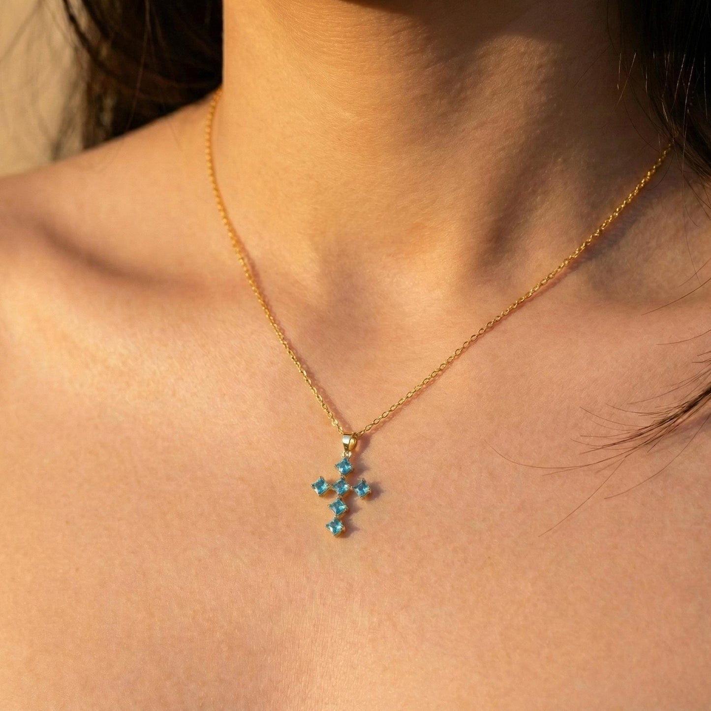 Blue Cross Necklace, Turquoise Pendant, Mothers Day Gift, Religious Jewelry, Dainty Christian Charm, Birthstone Cross, Faith Necklace