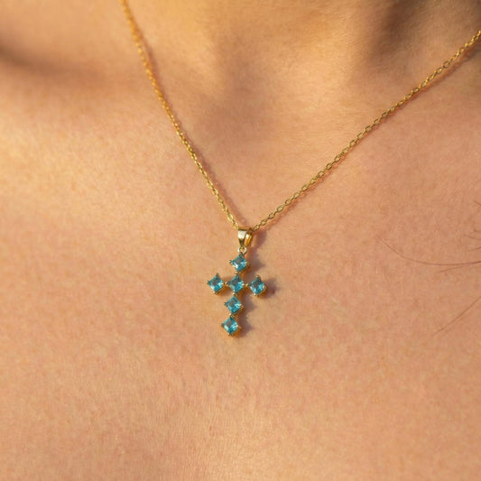 Blue Cross Necklace, Turquoise Pendant, Mothers Day Gift, Religious Jewelry, Dainty Christian Charm, Birthstone Cross, Faith Necklace