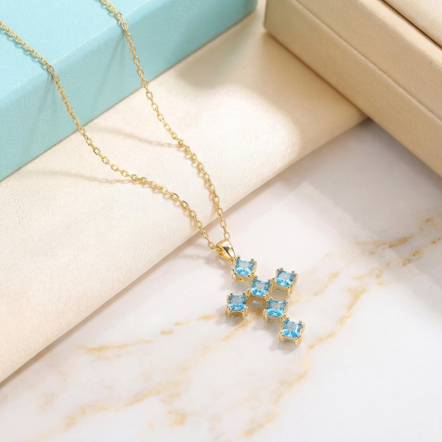 Blue Cross Necklace, Turquoise Pendant, Mothers Day Gift, Religious Jewelry, Dainty Christian Charm, Birthstone Cross, Faith Necklace