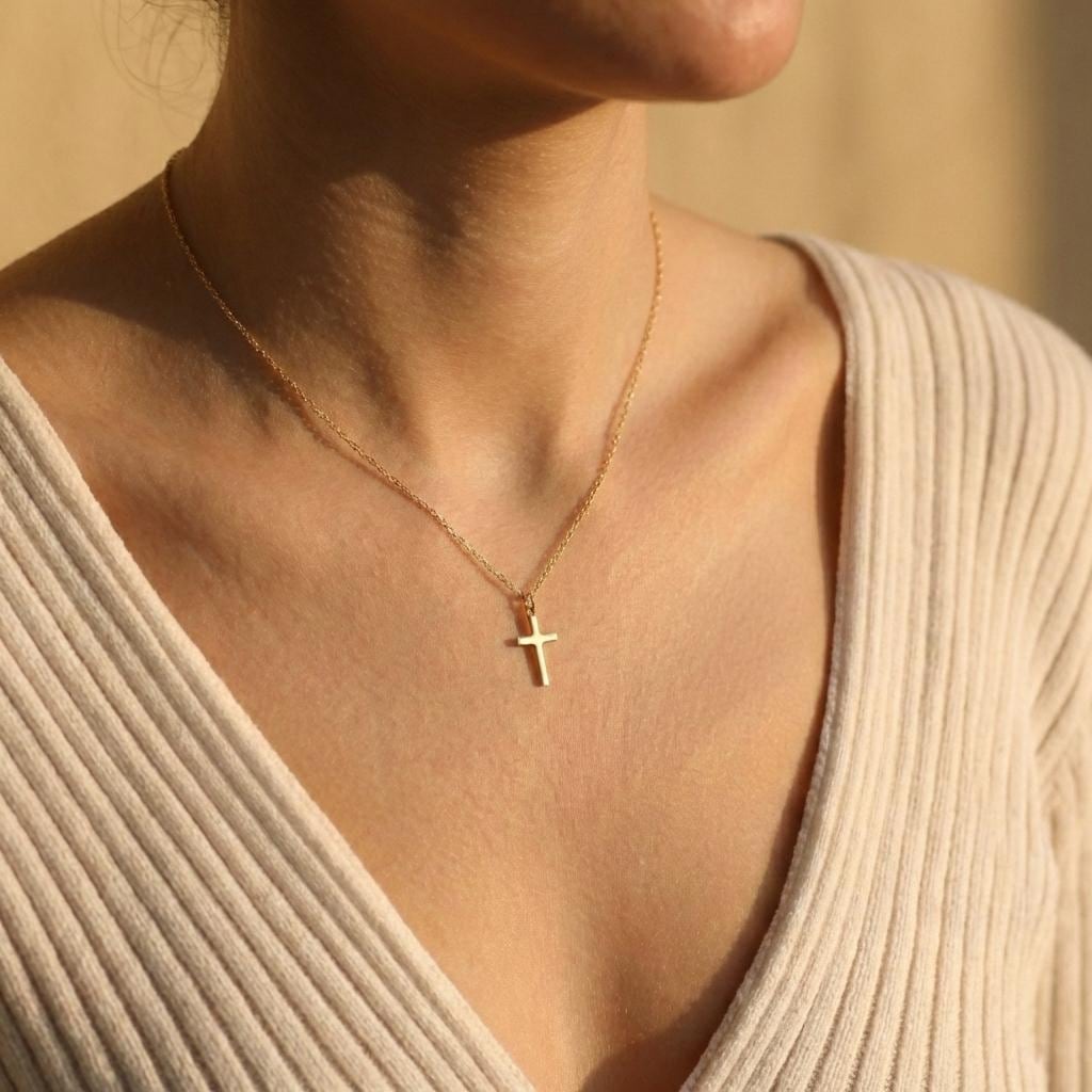 Gold Cross Necklace, Minimalist Cross Pendant, Dainty Religious Jewelry, Valentines Day Gift for Her, 14K Gold Plated, Mothers Day Gift