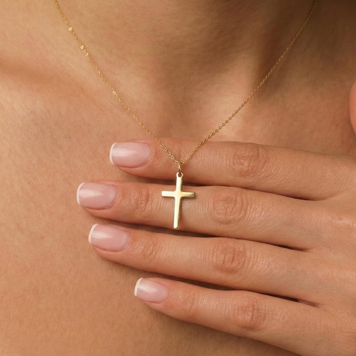Gold Cross Necklace, Minimalist Cross Pendant, Dainty Religious Jewelry, Valentines Day Gift for Her, 14K Gold Plated, Mothers Day Gift
