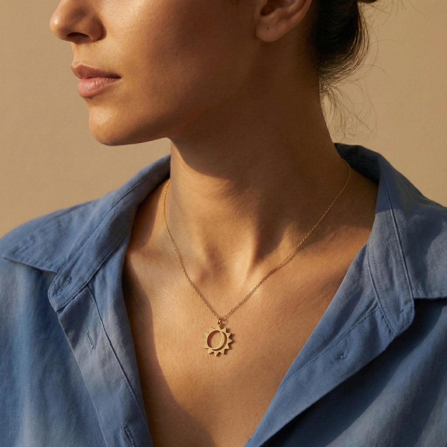 Sun Moon Necklace, Celestial Jewelry, 14K Gold Plated, Boho Sun Pendant, Moon Phase Charm, Valentine Gift for Her, Mothers Day