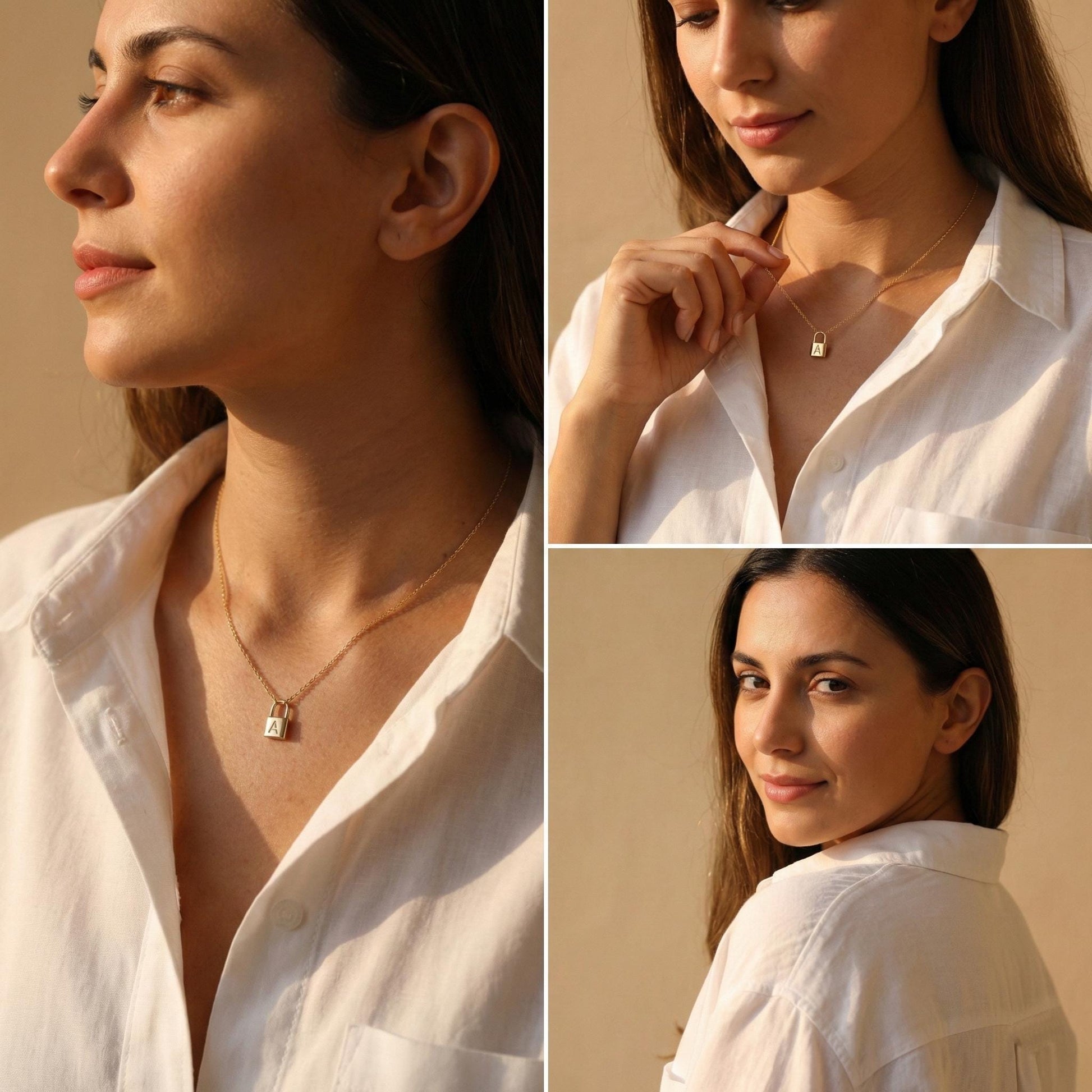 Gold padlock necklace with engraved initial letter A, dainty minimalist personalized jewelry gift for her, Mother's Day custom pendant on model.