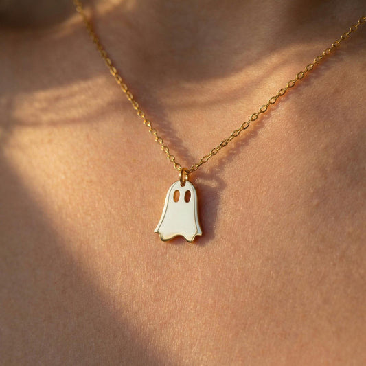 Minimalist gold ghost necklace pendant on a model, cute spooky mama jewelry gift for mothers day, dainty charm necklace aesthetic