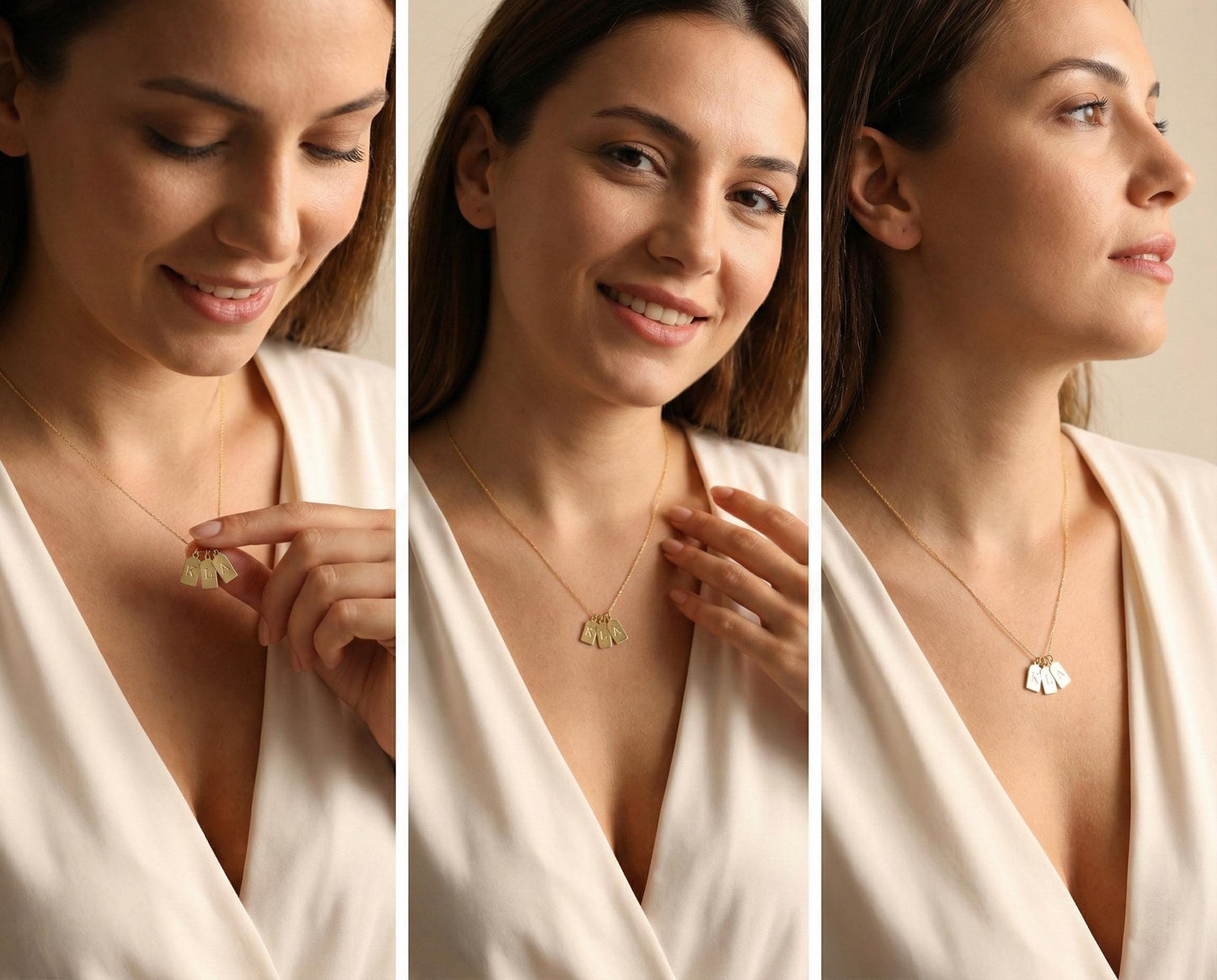 Gold initial necklace featuring three small rectangular pendant tags engraved with letters K L A, worn on a woman's neck, minimalist personalized jewelry for mom