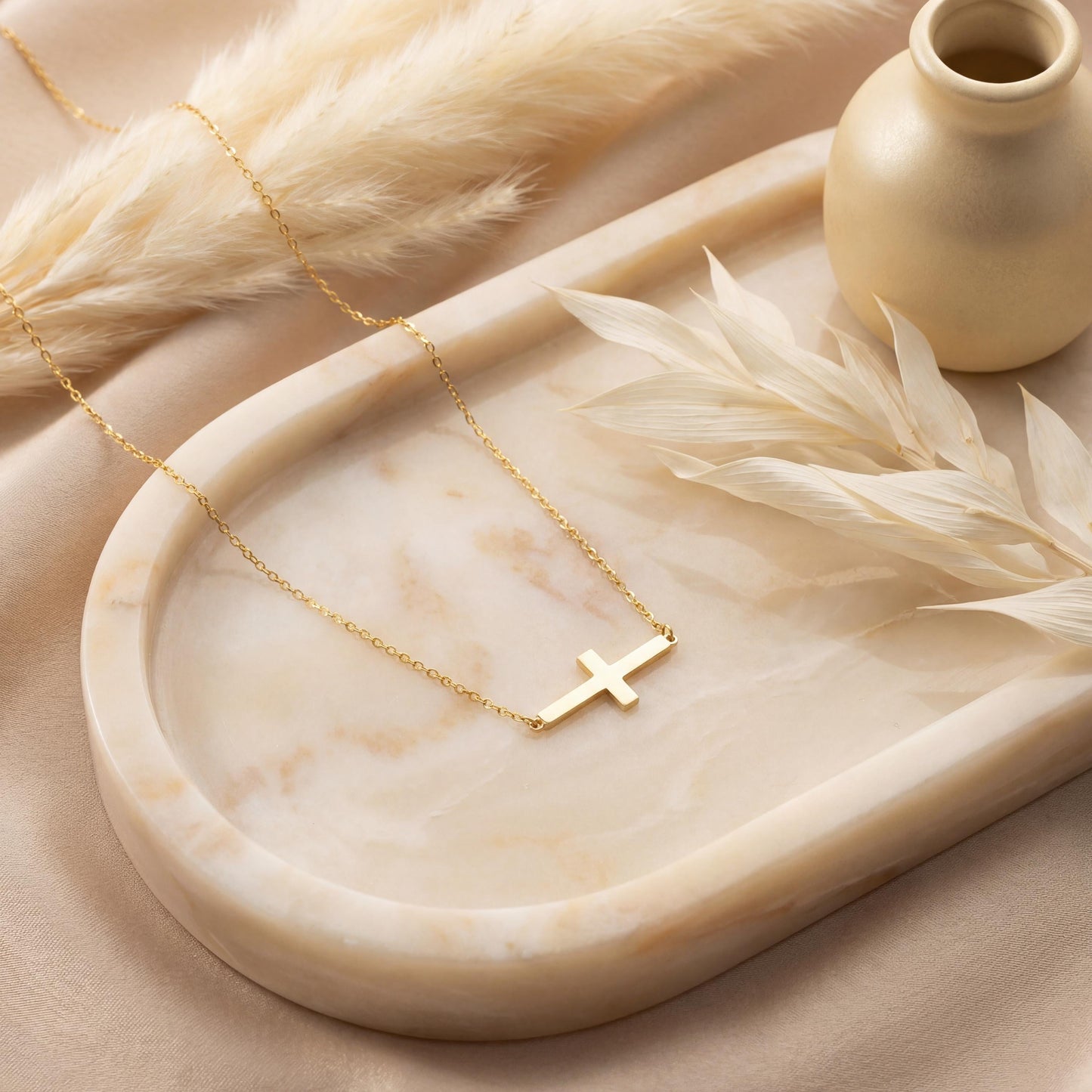 Minimalist sideways cross necklace in 14k gold plated on model, off center horizontal cross pendant for women, dainty religious confirmation gift