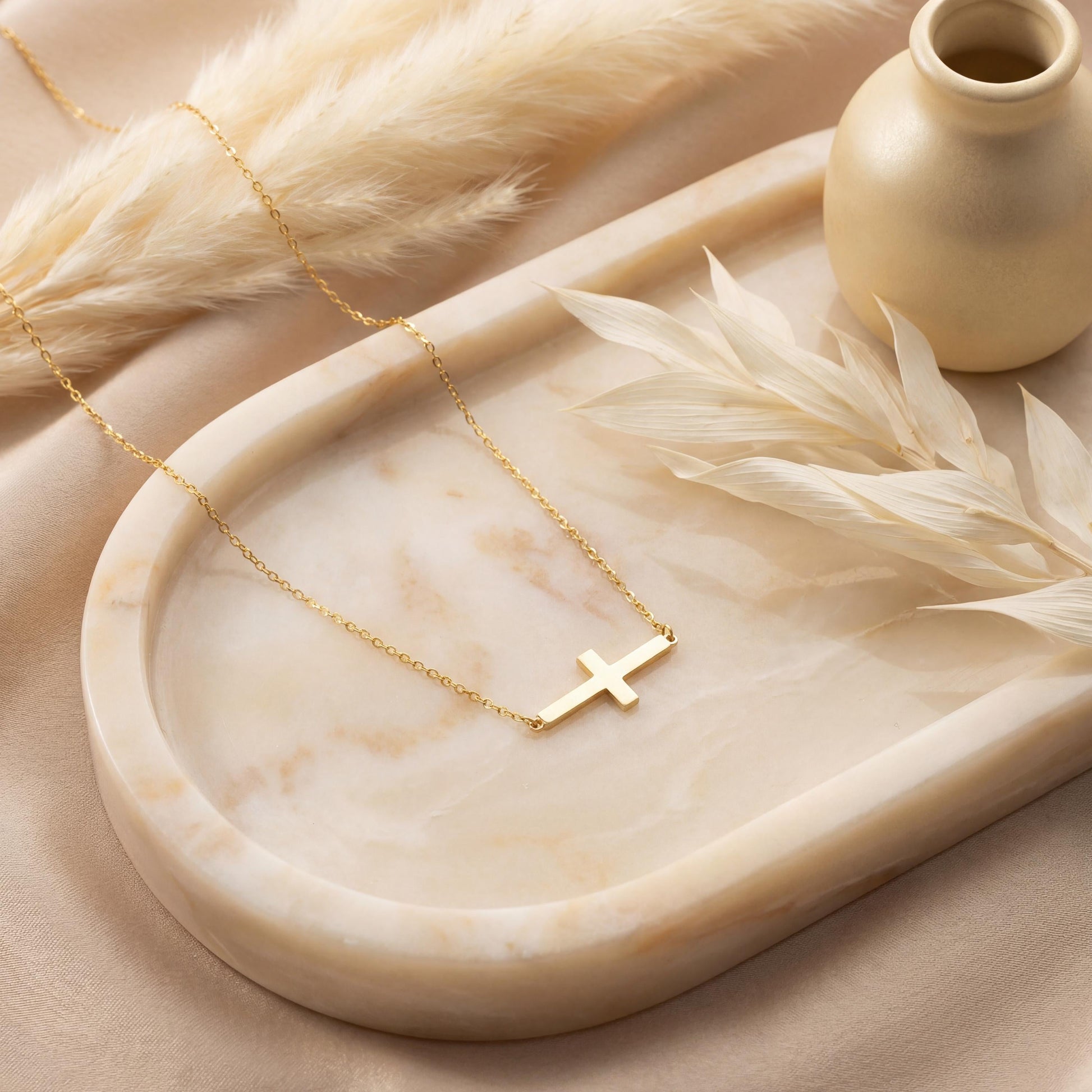 Minimalist sideways cross necklace in 14k gold plated on model, off center horizontal cross pendant for women, dainty religious confirmation gift