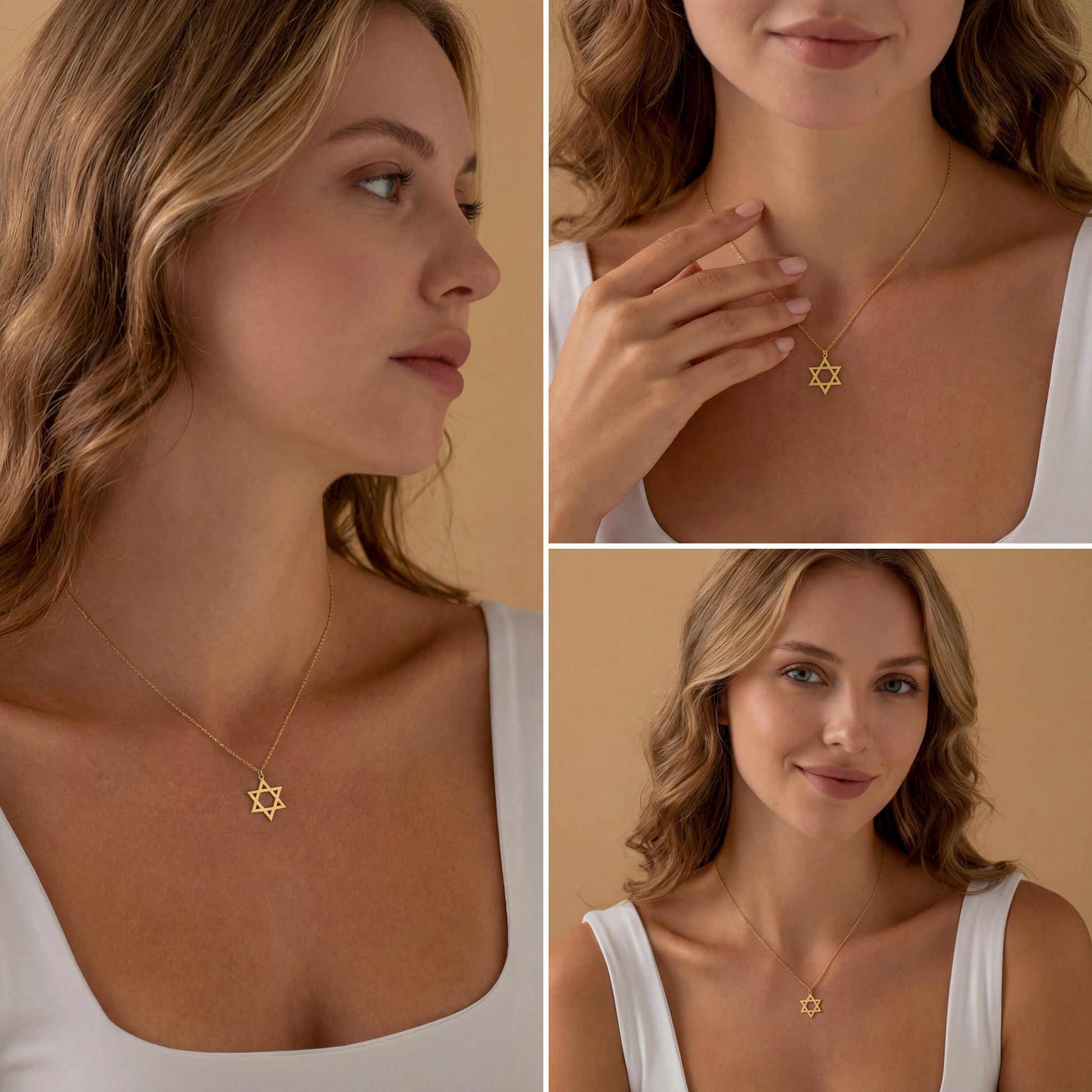 Minimalist gold Star of David pendant necklace on a woman's neck, dainty Magen David Jewish jewelry gift for Bat Mitzvah and Mother's Day.