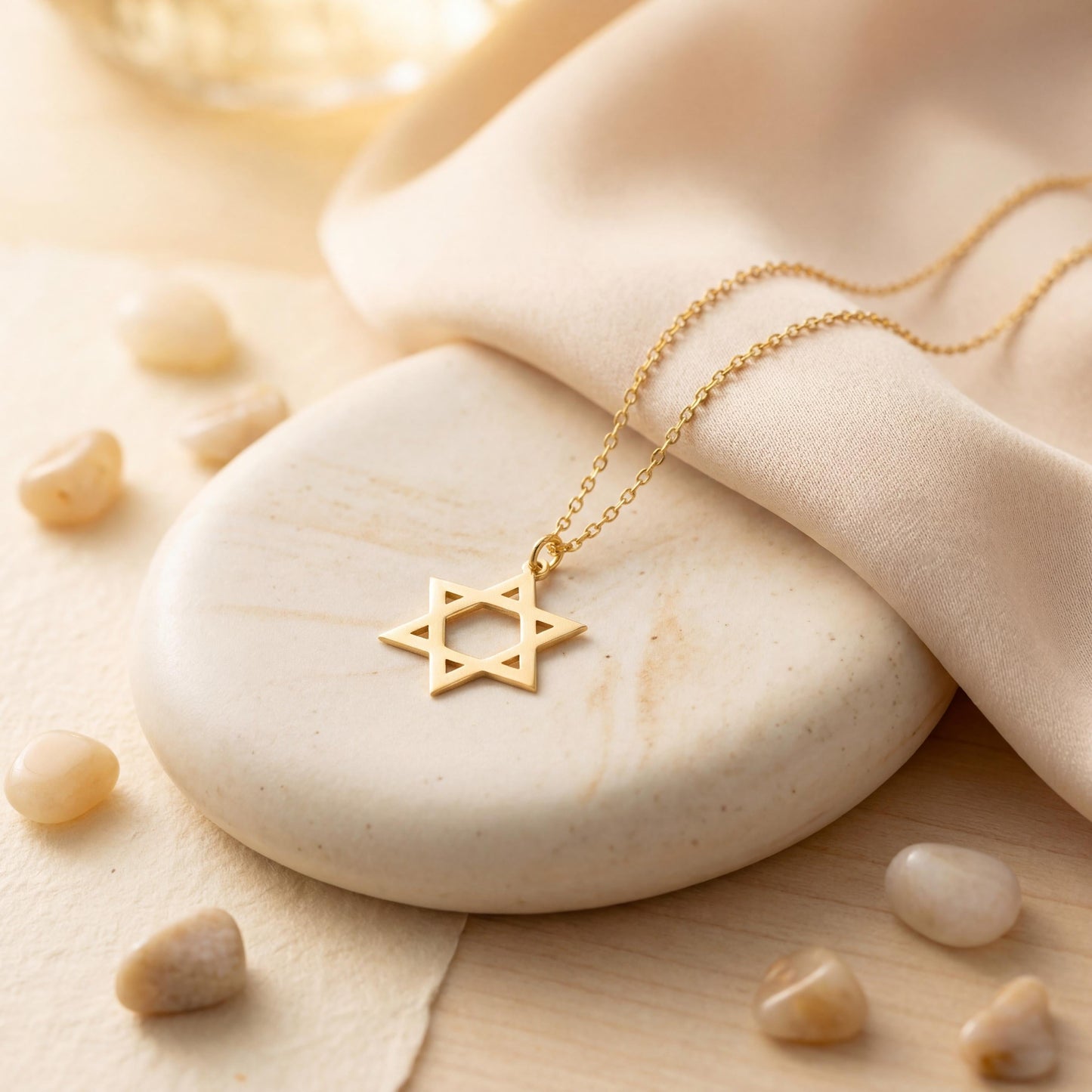 Minimalist gold Star of David pendant necklace on a woman's neck, dainty Magen David Jewish jewelry gift for Bat Mitzvah and Mother's Day.