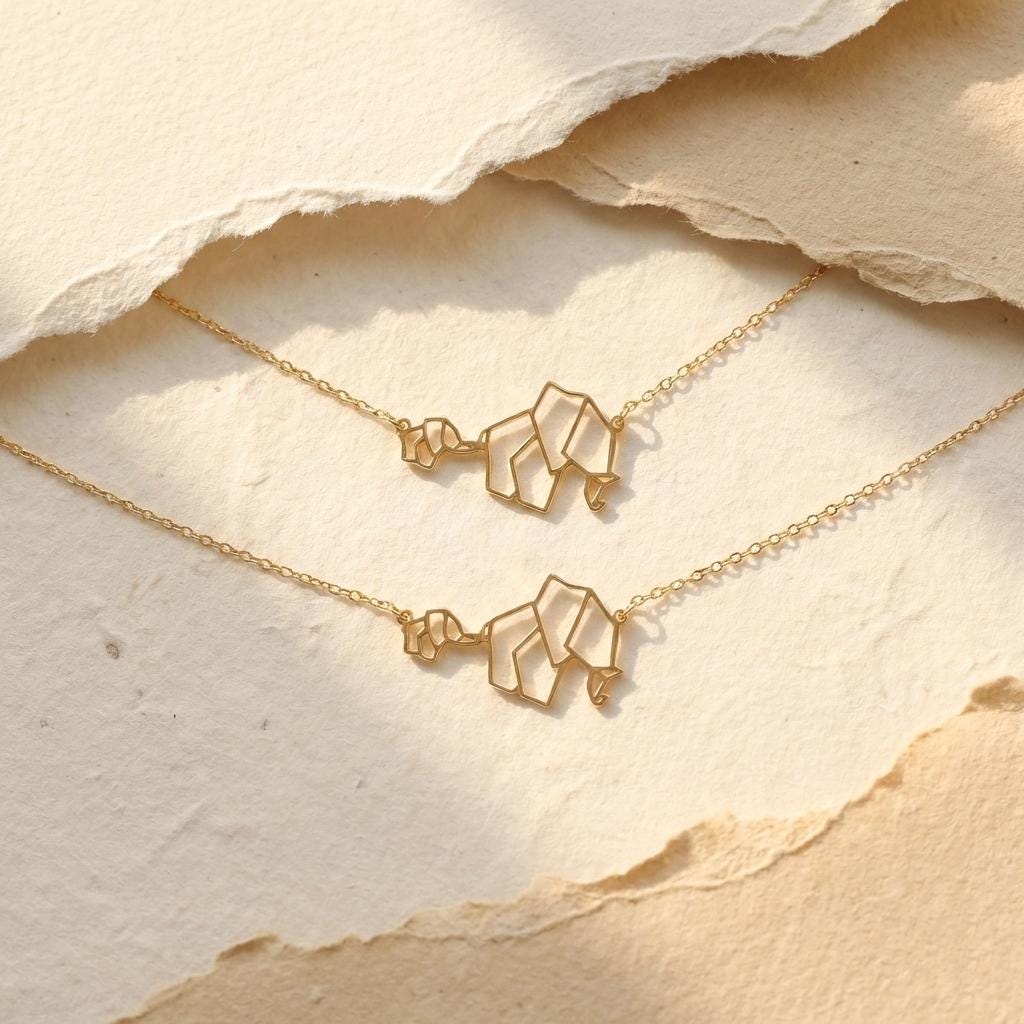 Elephant Necklace, Mother Baby Jewelry, 14K Gold Origami Pendant, New Mom Gift, Geometric Animal, Mothers Day Gift, Family Charm
