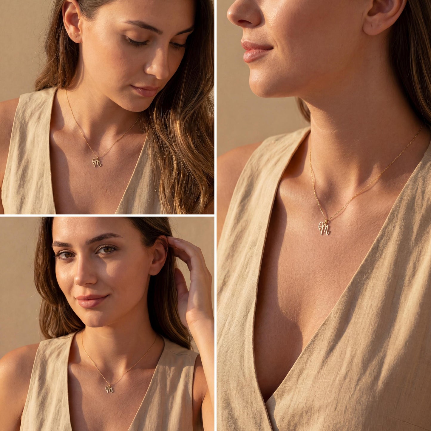 Dainty custom initial necklace with a delicate heart detail next to a cursive letter M, worn by a smiling woman in sunlight. Minimalist personalized elegant pendant.