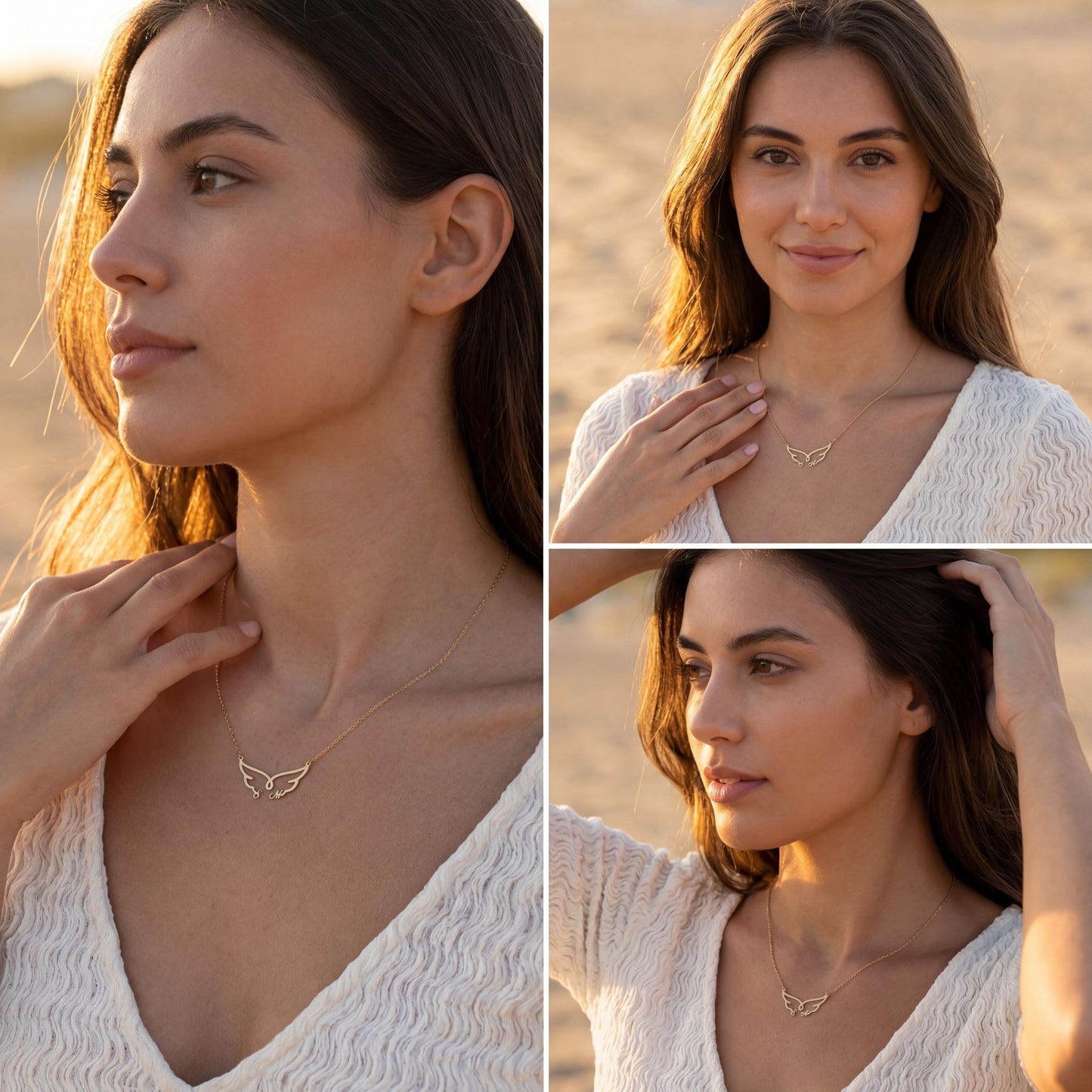 Dainty custom angel wing necklace featuring two personalized initial letters nesting at the bottom of the wings, worn on a woman's collarbone during golden hour.