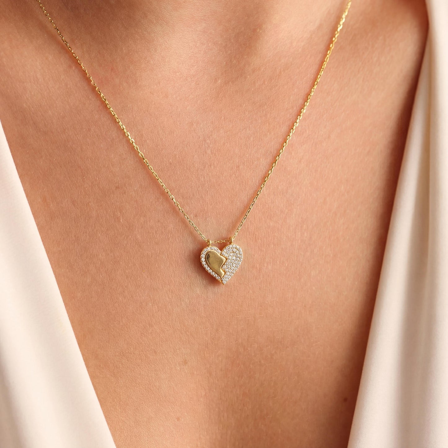 14K Gold Heart Necklace, Pave Diamond Pendant, Valentines Day Gift, Mothers Day Jewelry, Christmas Gift for Her, Minimalist Love Charm
