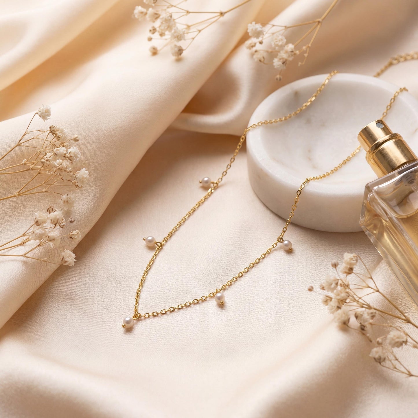 Gold Pearl Necklace, Dainty Station Chain, Mother's Day Gift, Bridesmaid Jewelry, Minimalist Drop Choker, Wedding Necklace for Bride