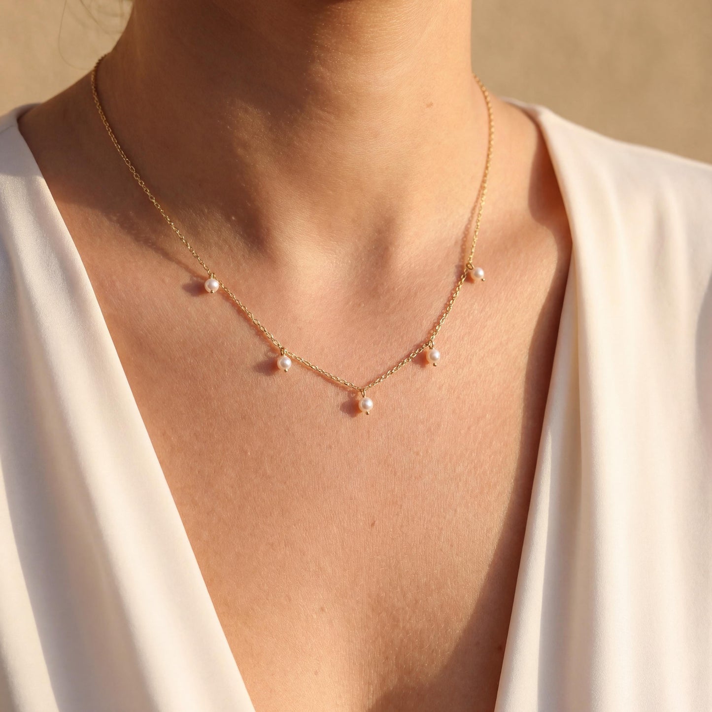 Gold Pearl Necklace, Dainty Station Chain, Mother's Day Gift, Bridesmaid Jewelry, Minimalist Drop Choker, Wedding Necklace for Bride