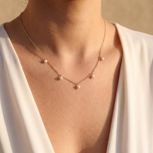 Gold Pearl Necklace, Dainty Station Chain, Mother's Day Gift, Bridesmaid Jewelry, Minimalist Drop Choker, Wedding Necklace for Bride