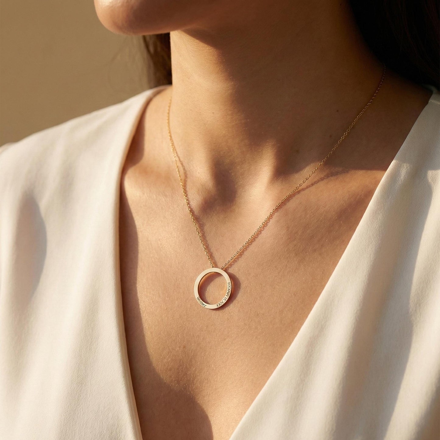 Custom Name Necklace, Personalized Circle Necklace, 14K Gold Roman Numeral Pendant, Mothers Day Gift, New Mom Jewelry, Anniversary Gift