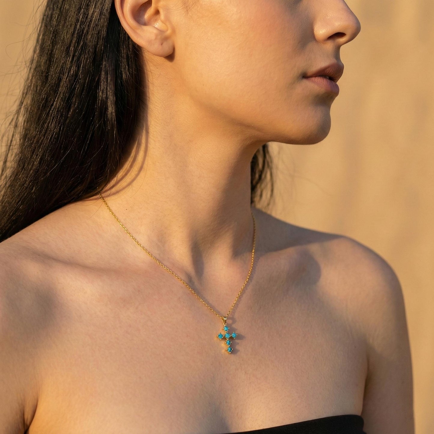 Blue Cross Necklace, Turquoise Pendant, Mothers Day Gift, Religious Jewelry, Dainty Christian Charm, Birthstone Cross, Faith Necklace