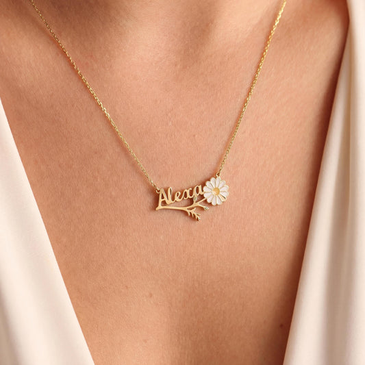 Daisy Name Necklace, Custom Flower Pendant, Personalized Gift for Mom, Spring Jewelry, Floral Nameplate, Gift for Her, Birthday Gift, Dainty