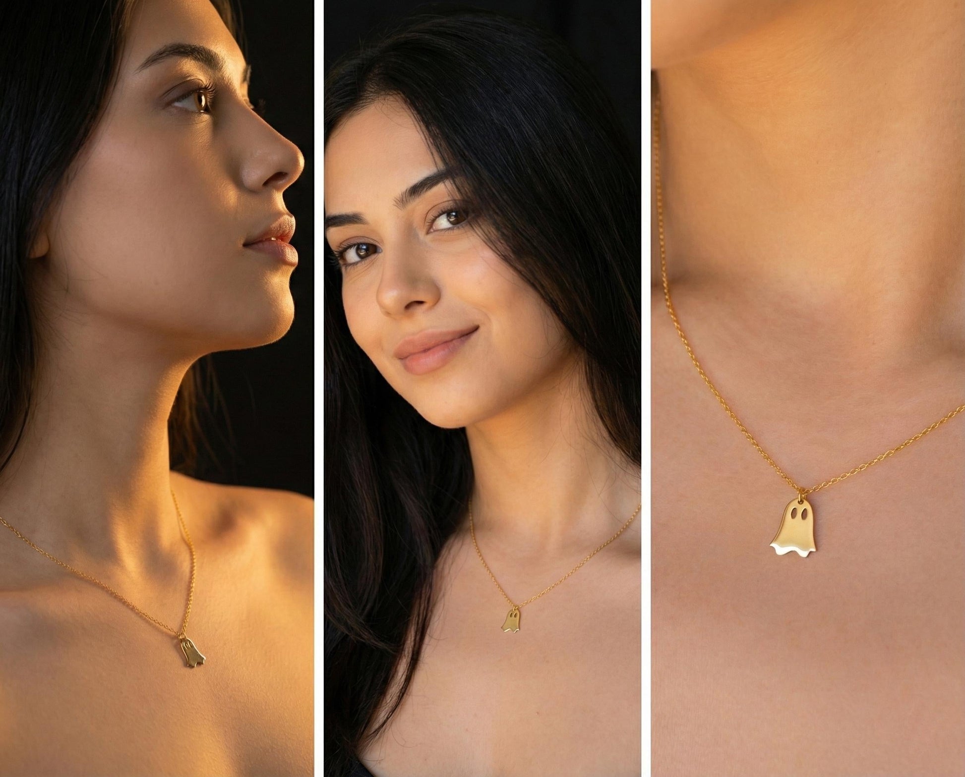 Minimalist gold ghost necklace pendant on a model, cute spooky mama jewelry gift for mothers day, dainty charm necklace aesthetic