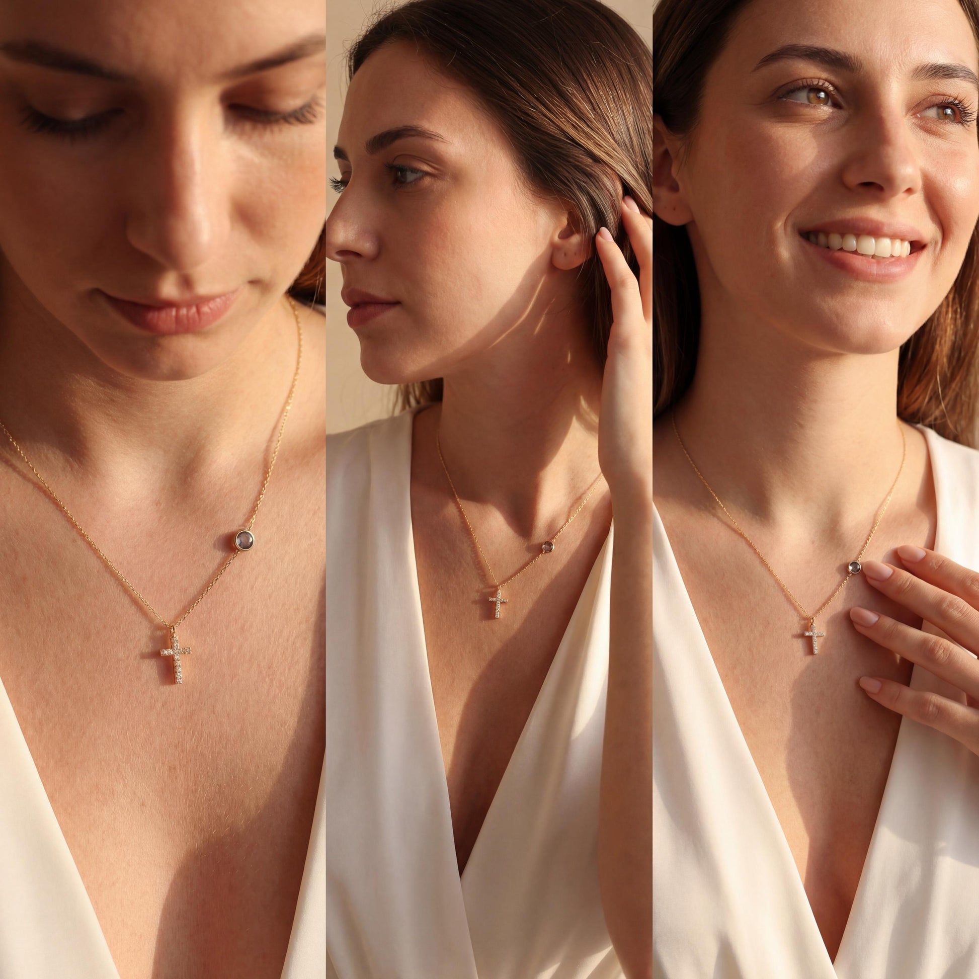 Dainty gold chain necklace featuring a small pave diamond cross pendant and a round bezel-set birthstone charm, worn by a model. Personalized minimalist religious jewelry.