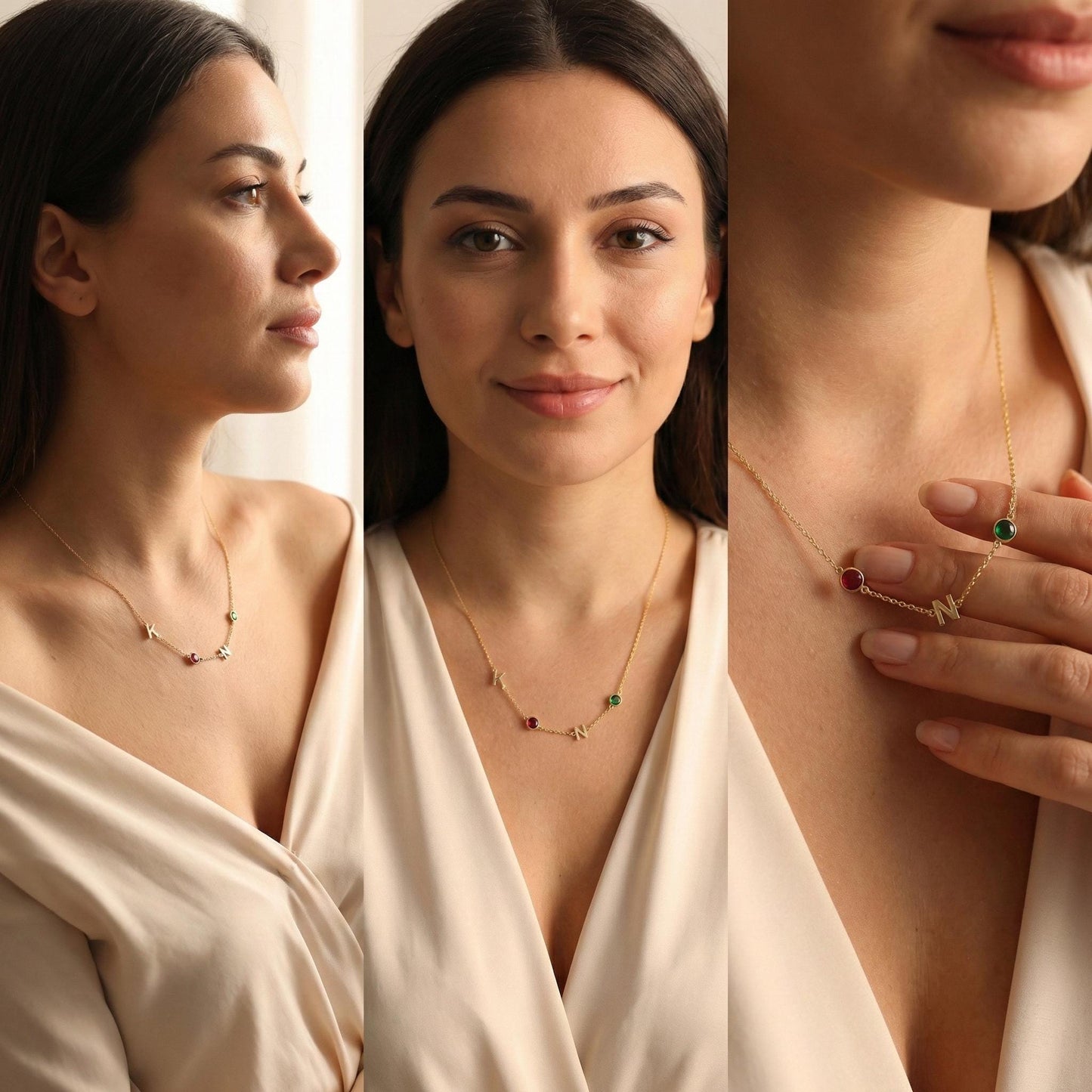 Dainty gold necklace featuring sideways initials and bezel set birthstones, personalized family jewelry for mother's day gift, minimalist custom letter necklace with ruby and emerald colored stones on neck.