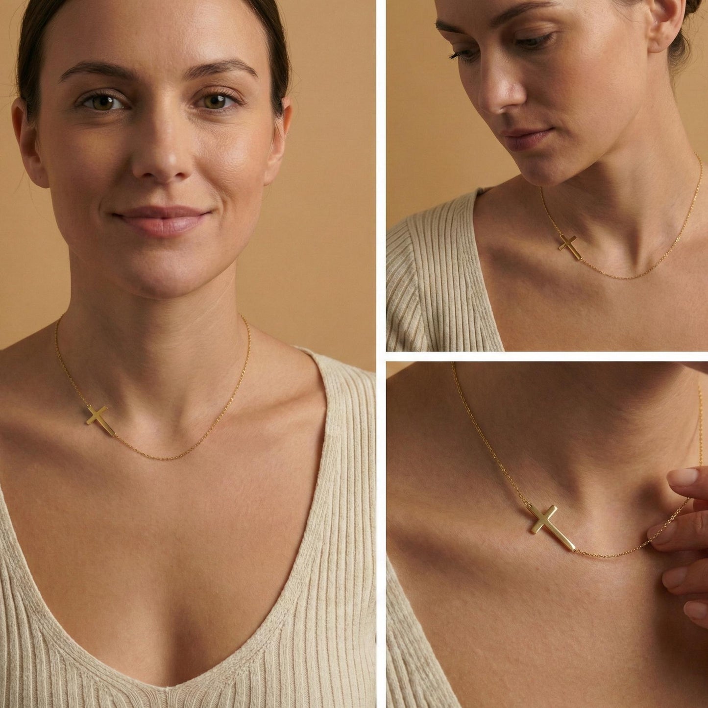 Minimalist sideways cross necklace in 14k gold plated on model, off center horizontal cross pendant for women, dainty religious confirmation gift